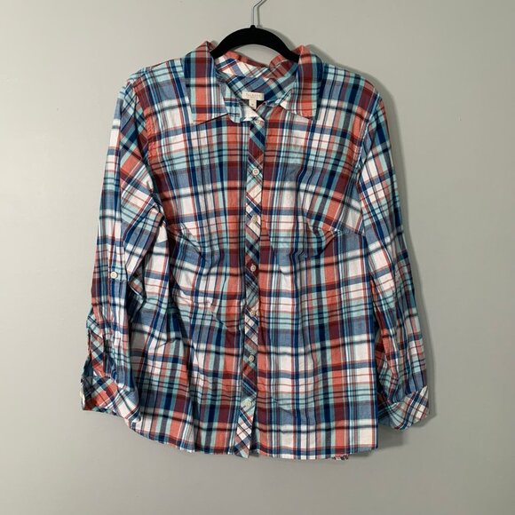 Talbots fall colors plaid collared long sleeve button front casual career shirt - Picture 1 of 10